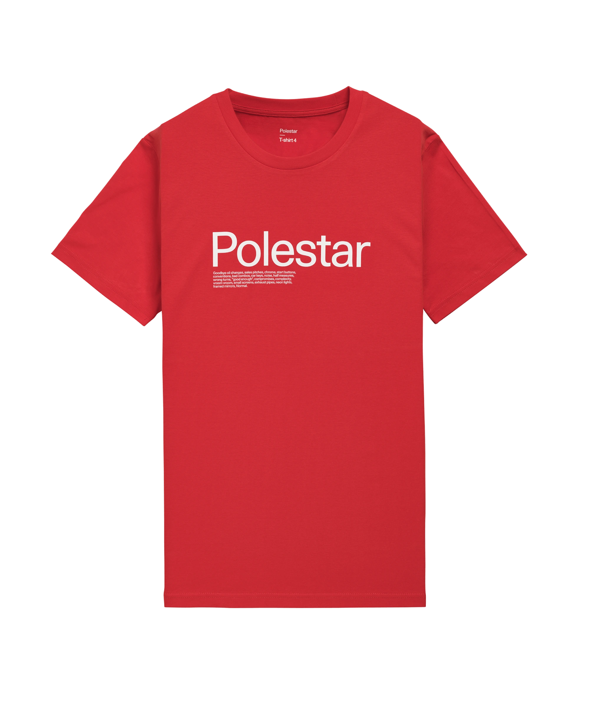 Rød T-shirt med et stort Polestar-ordmærke i hvidt på brystet