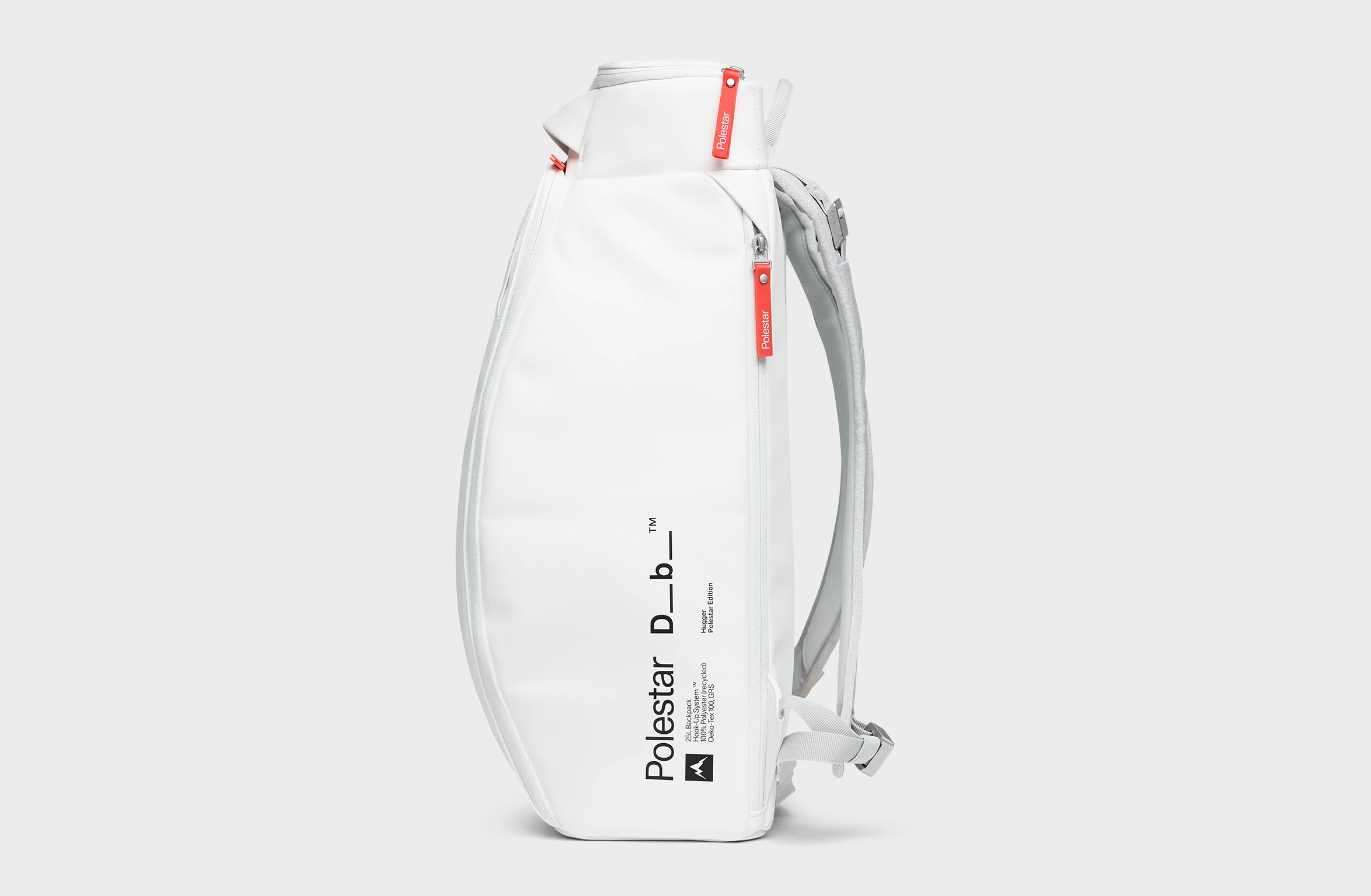 White backpack with orange details, padded straps and Polestar × Db branding on the side.