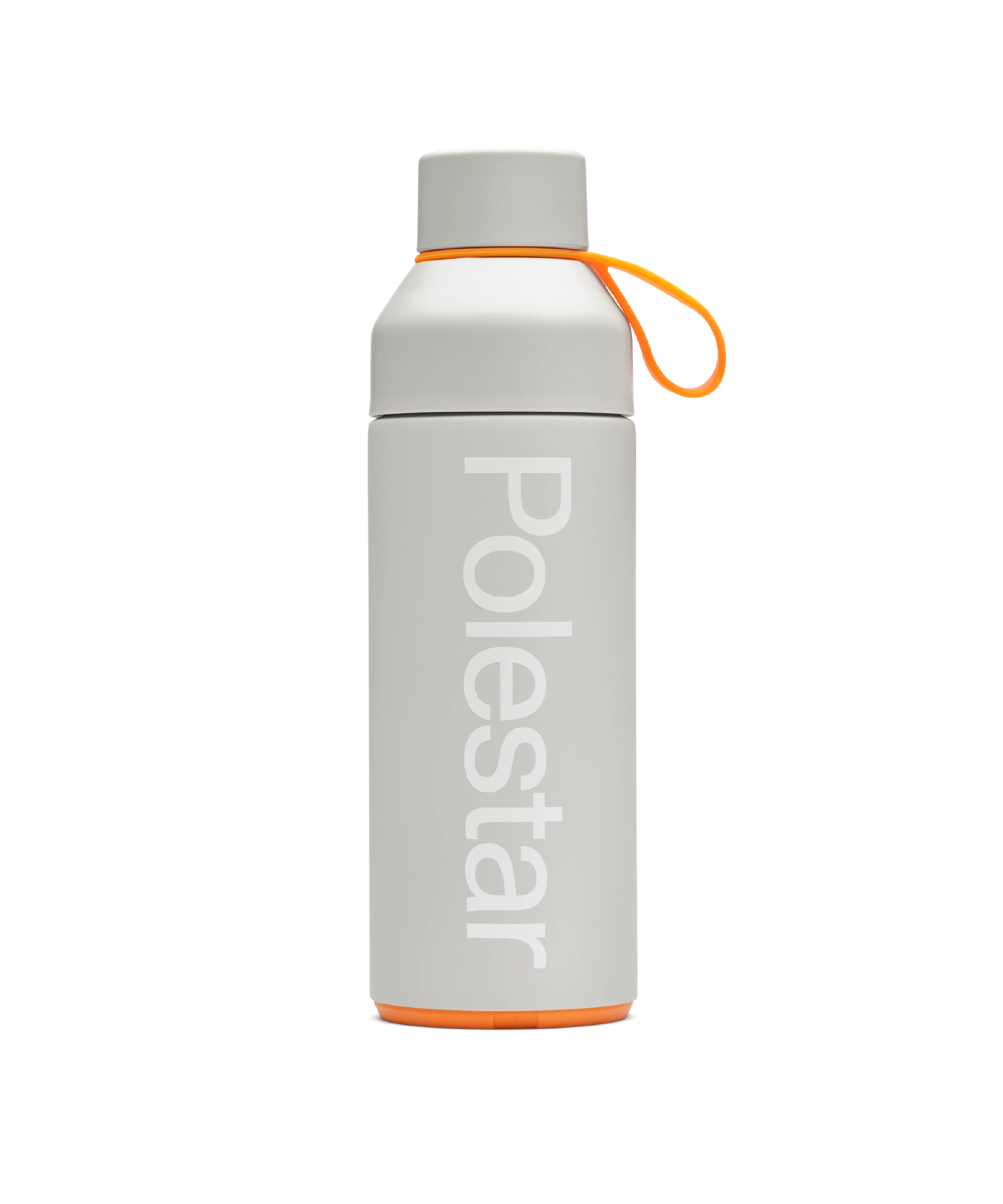 Graue Wasserflasche mit Polestar Schriftzug in Weiß und orangefarbenen Details
