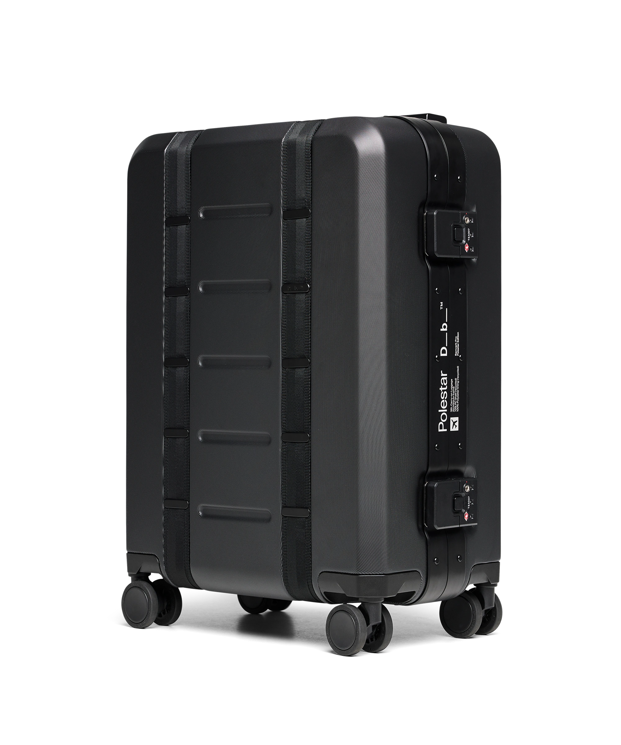 Black hard-shell suitcase with reinforced edges, secure locks, and Polestar x Db branding on the side.