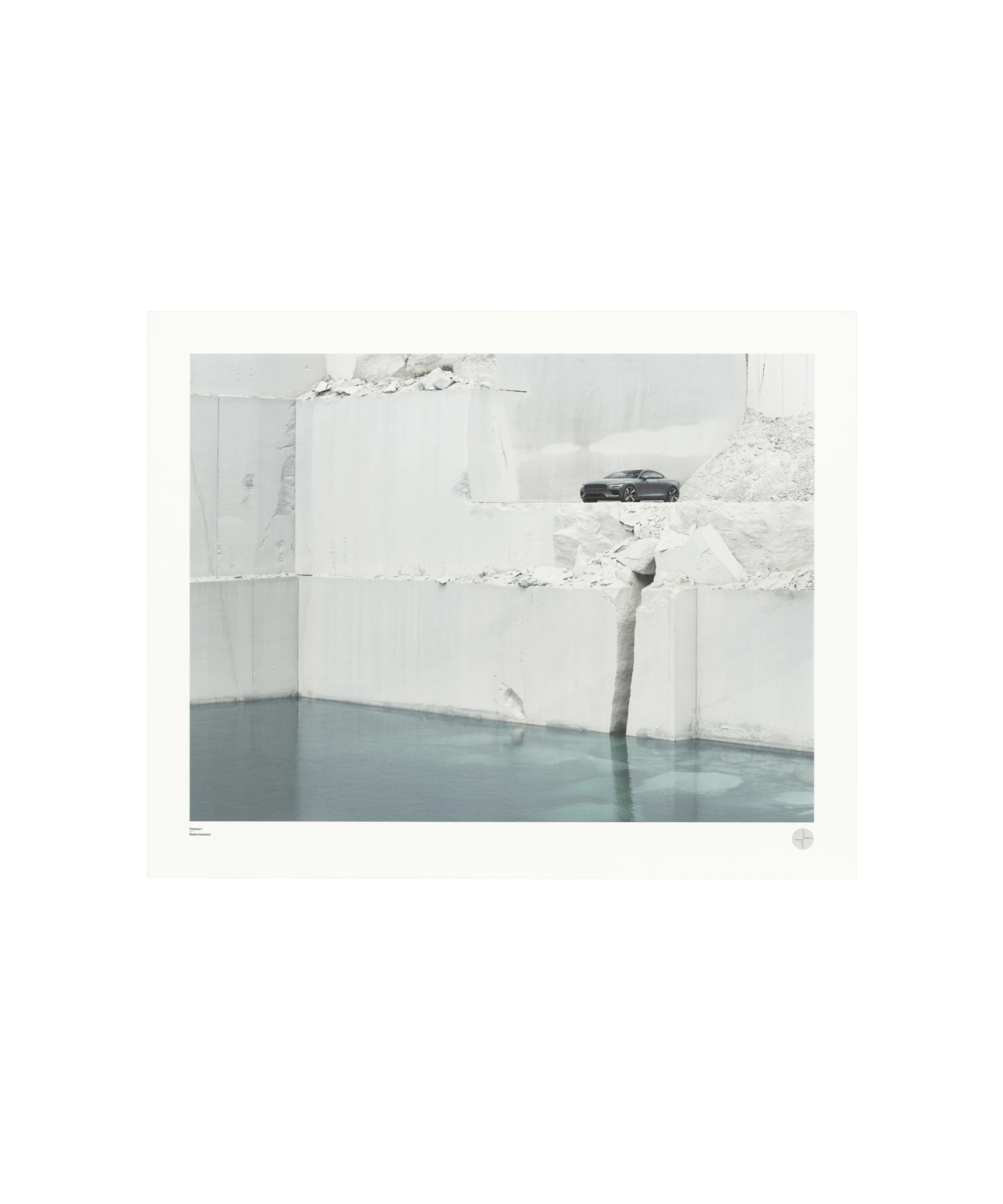 Art print of a Polestar car on the edge of a marble quarry, featuring geometric stone formations and a calm turquoise pool
