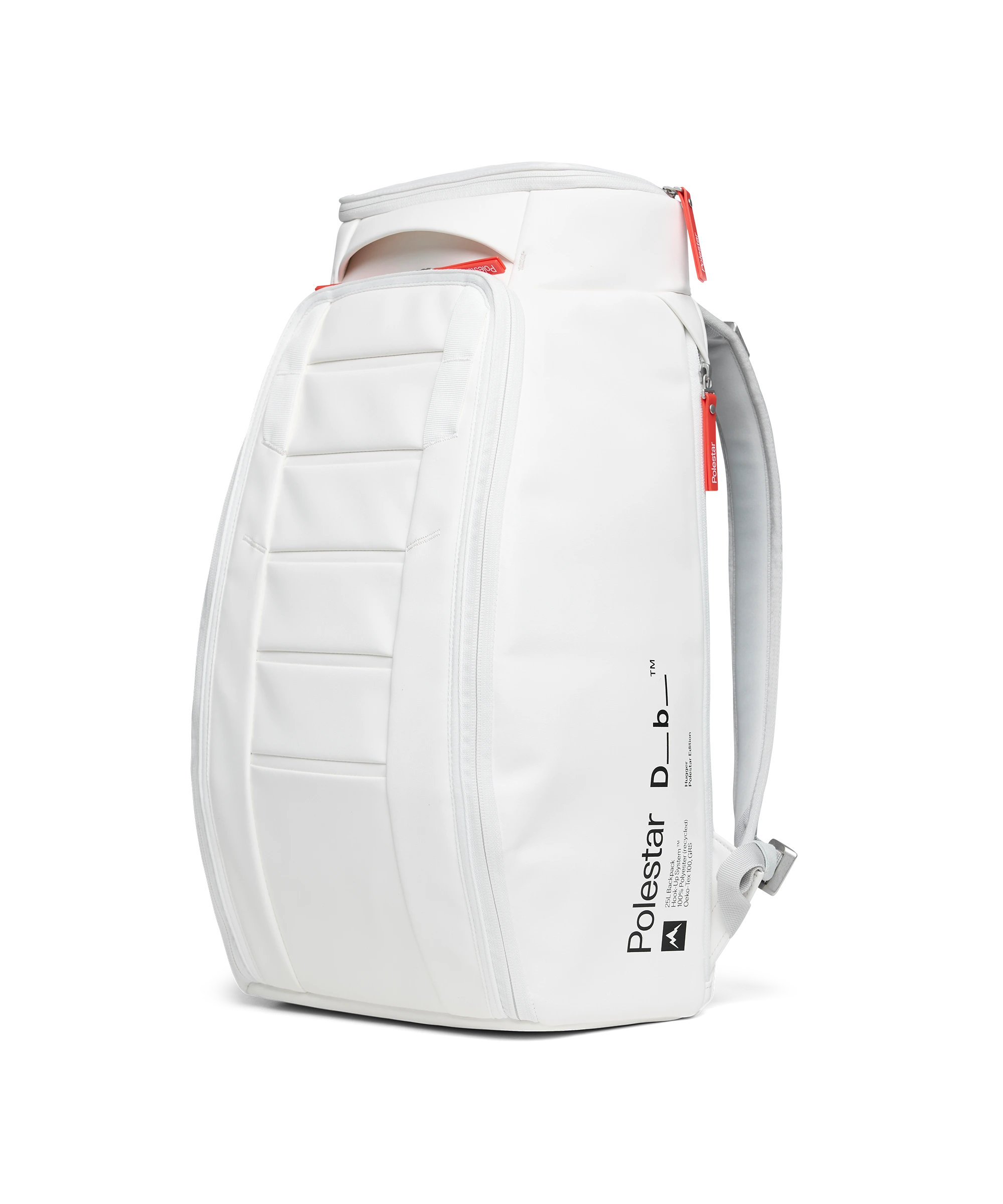 Weißer Rucksack mit orangefarbenen Details, gepolsterten Trägern und seitlich angebrachtem Branding von Polestar und Db