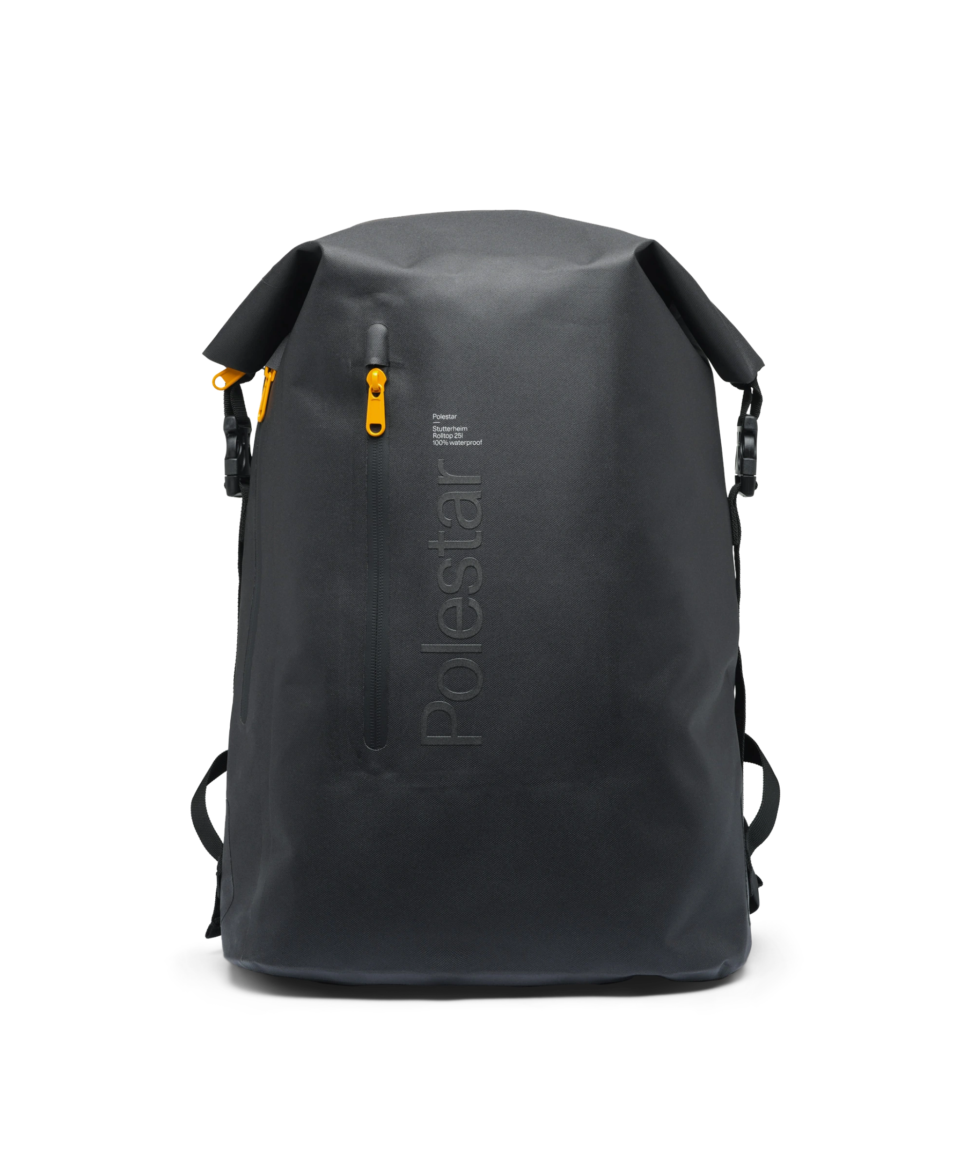 Wasserdichter Rolltop-Rucksack in Schwarz mit gelben Reißverschlüssen und farblich abgestimmtem Polestar Schriftzug vorn
