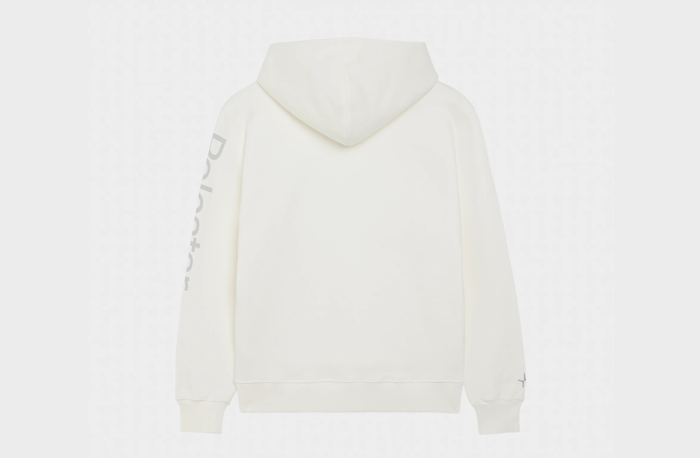 White hoodie with big Polestar wordmark on left sleeve