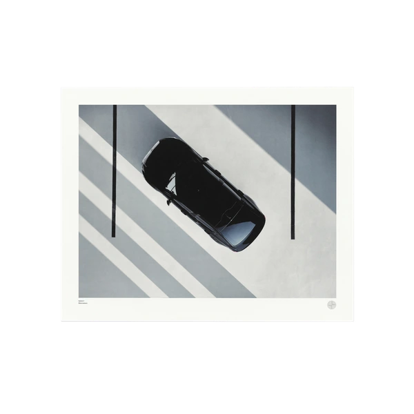 Art print of a Polestar car captured from above, casting sharp geometric shadows on a minimalist concrete surface