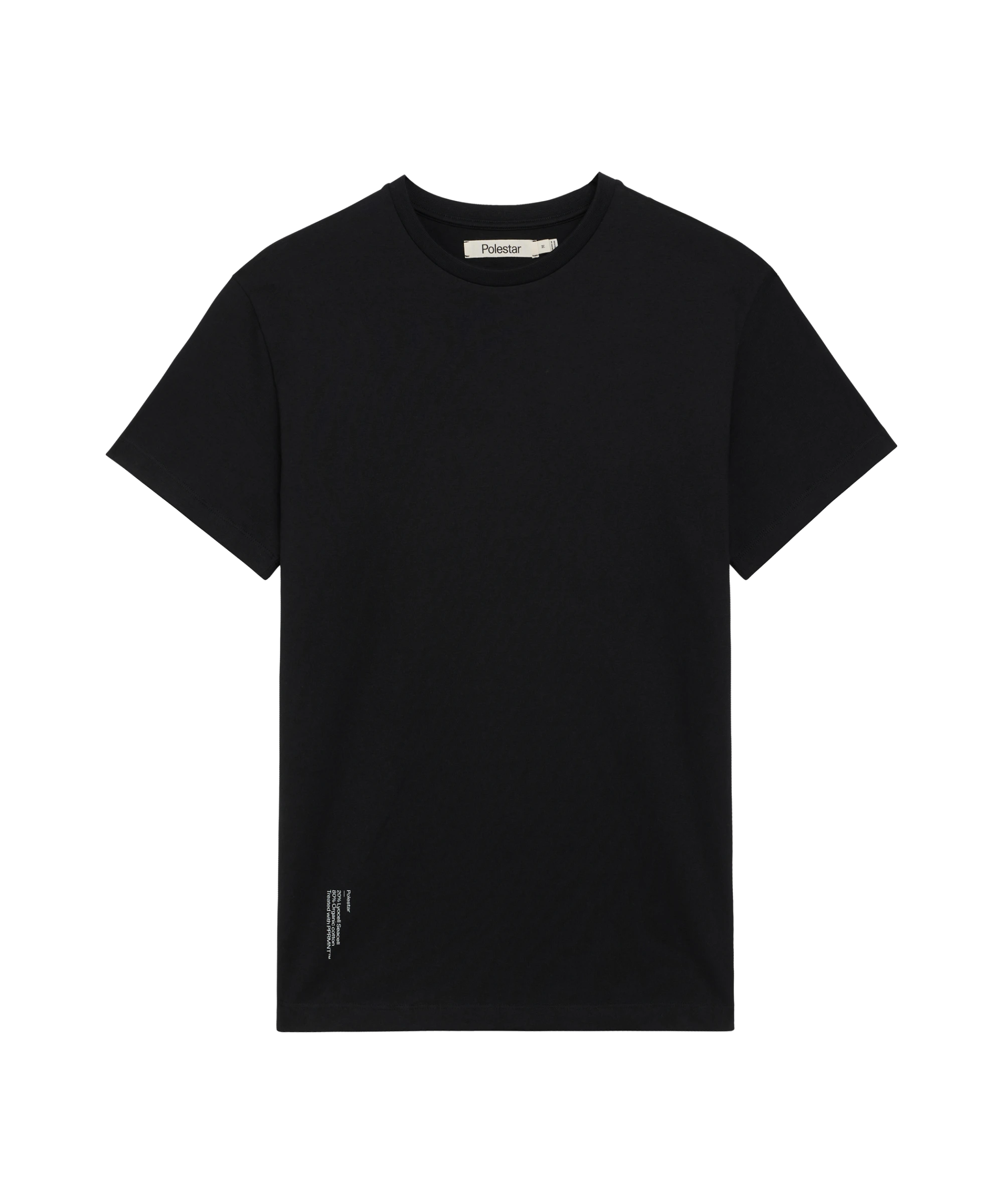 Black t-shirt with big tone-on-tone Polestar wordmark across the upper back
