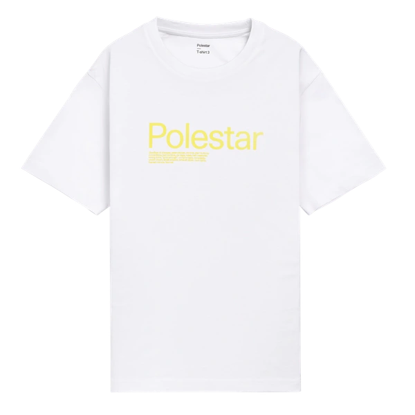 White t-shirt with a large Polestar workmark in yellow acress the chest