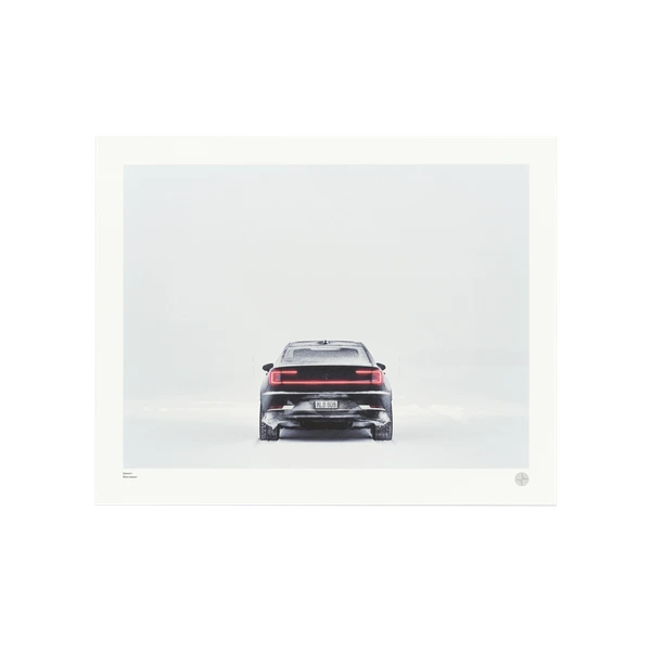Art print with the view of a Polestar car driving through a snowy landscape