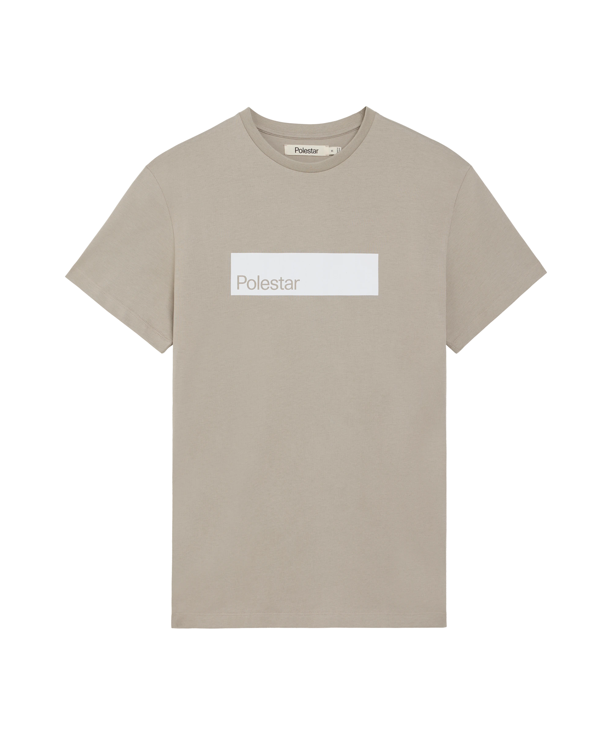Beige t-shirt with a white rectangular graphic on the chest featuring the Polestar wordmark in a tone-on-tone design