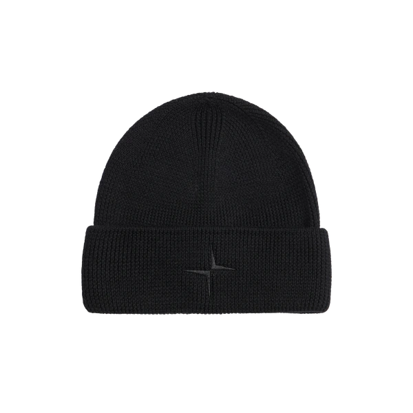 Black ribbed wool beanie with black embroidered Polestar symbol on the front