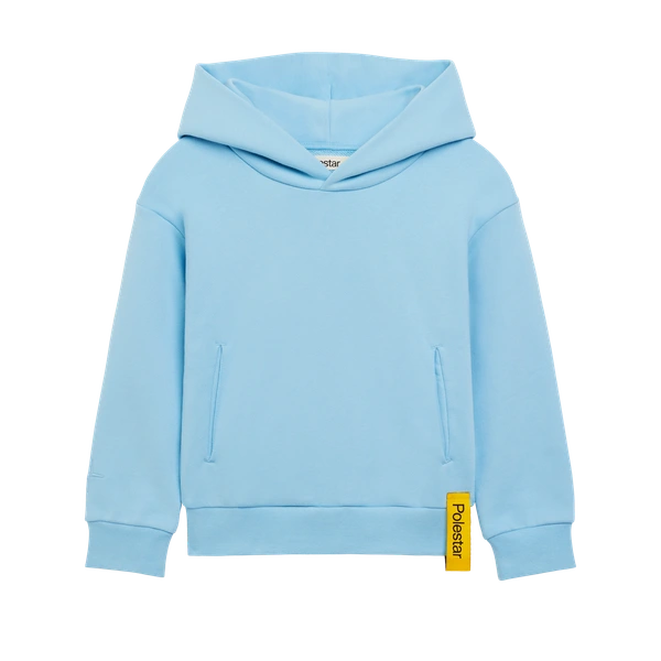 Blue hoodie for kids with a large Polestar symbol on the back