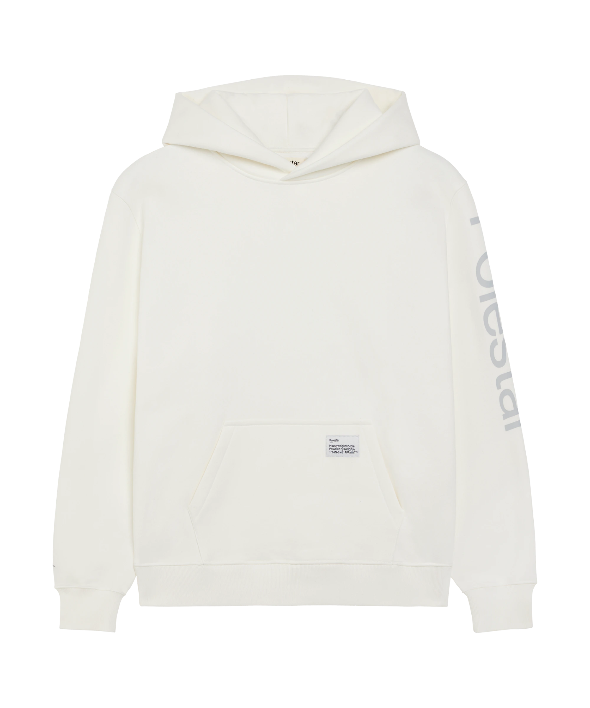 White hoodie with big Polestar wordmark on left sleeve