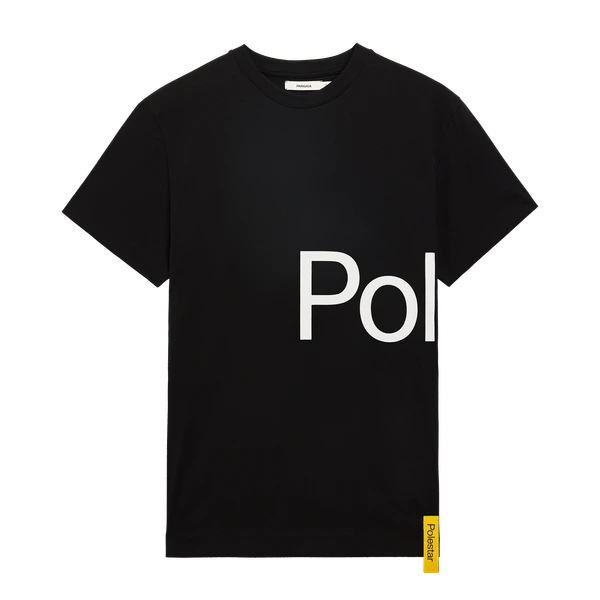 Black t-shirt with a Polestar wordmark stretching from the front to the back