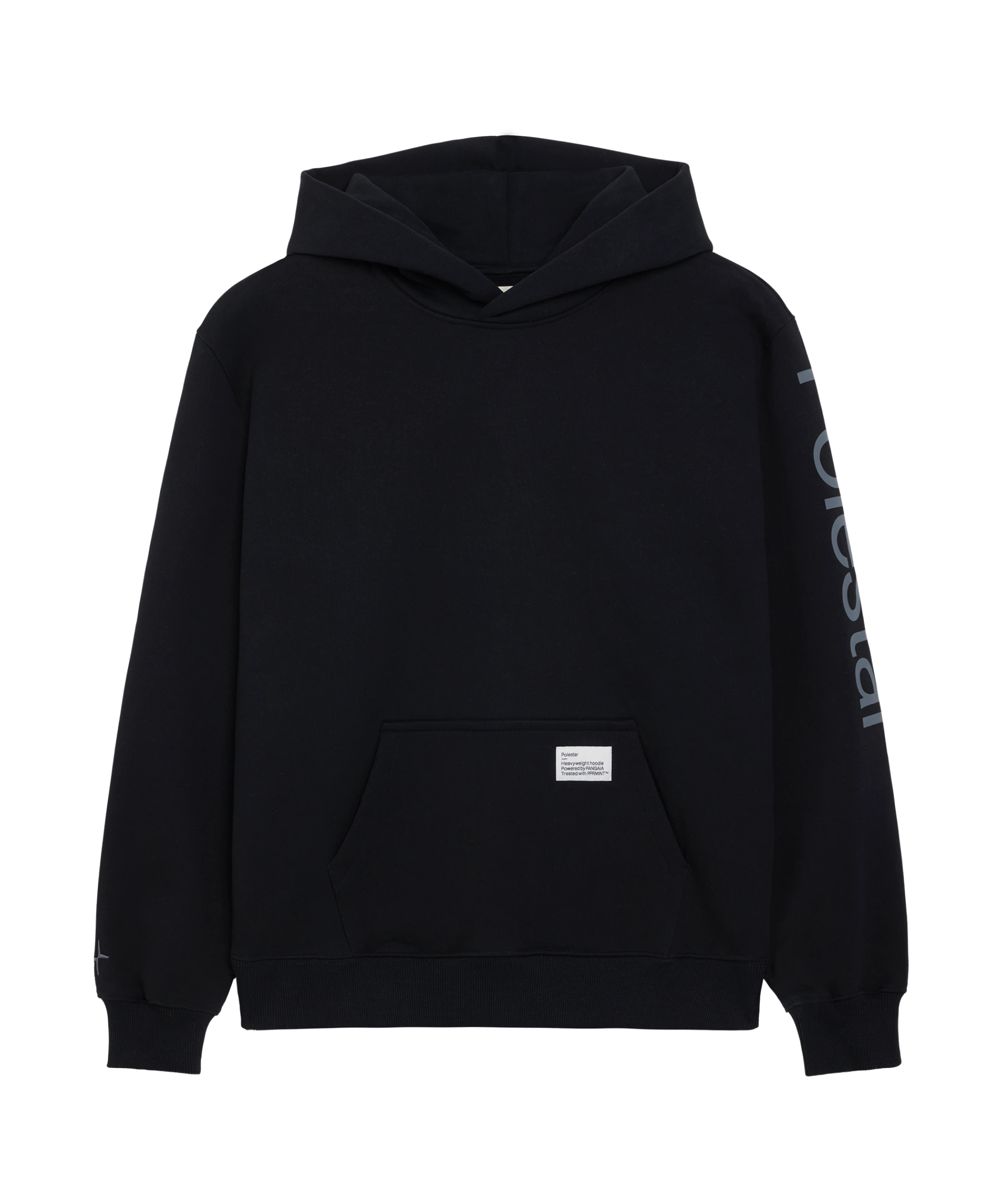 Black hoodie with big Polestar wordmark on left sleeve