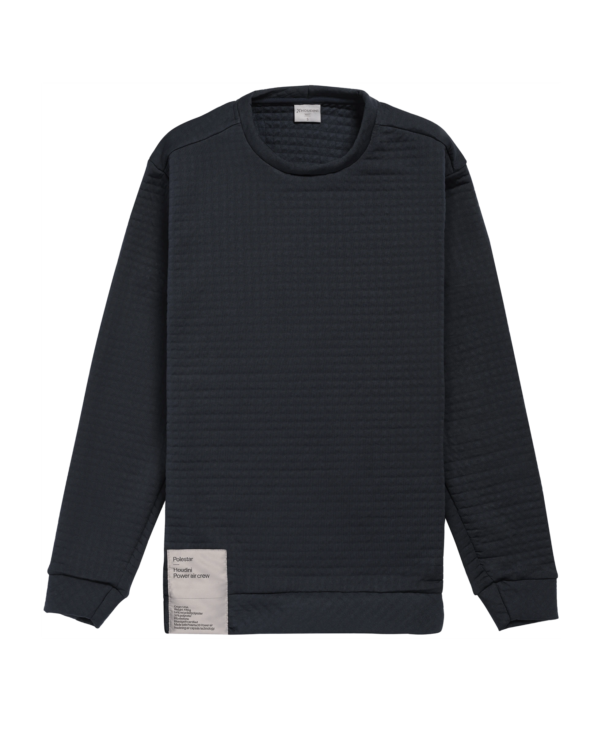 Stormblauwe sweater, vervaardigd van een stofconstructie die lucht vasthoudt