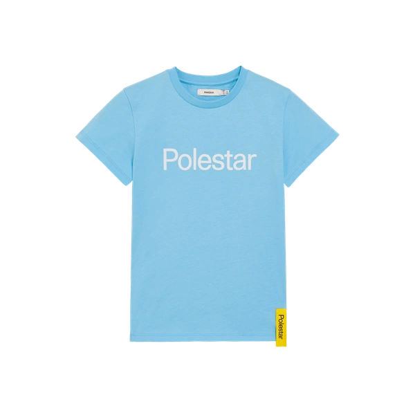 Blue t-shirt for kids with white Polestar wordmark on the front and yellow side tag