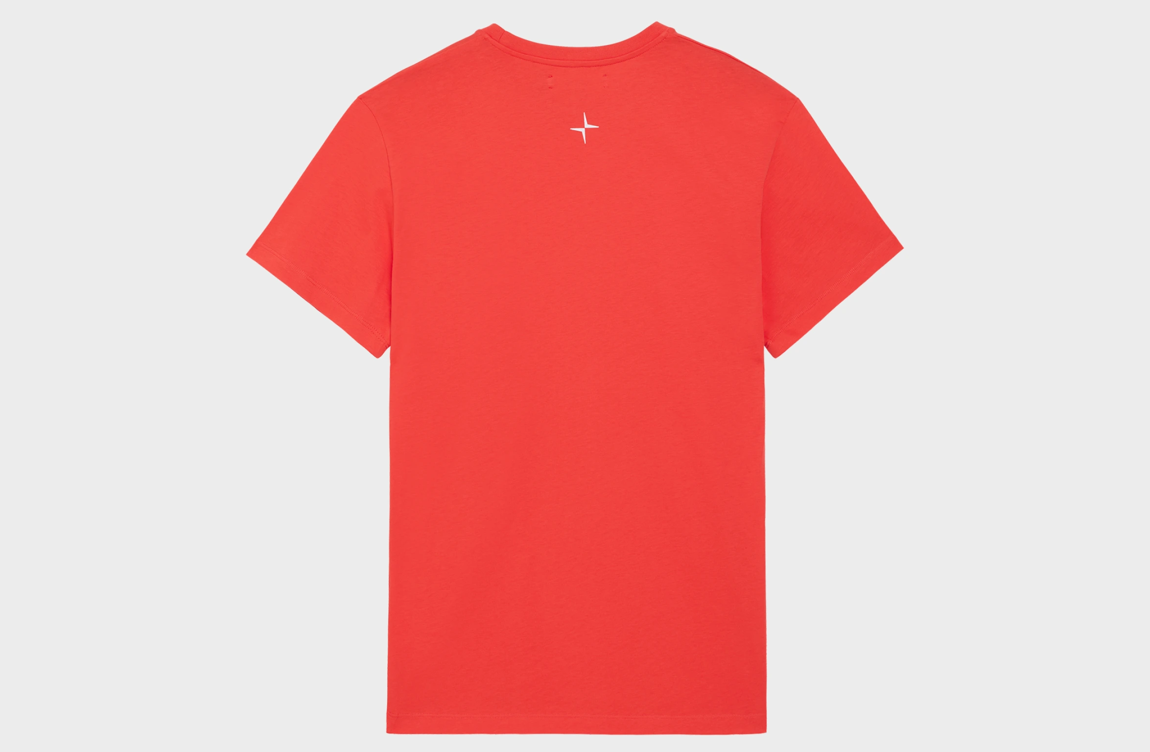 Red t-shirt with tone-on-tone Polestar wordmark on the left chest and small white Polestar symbol on the back
