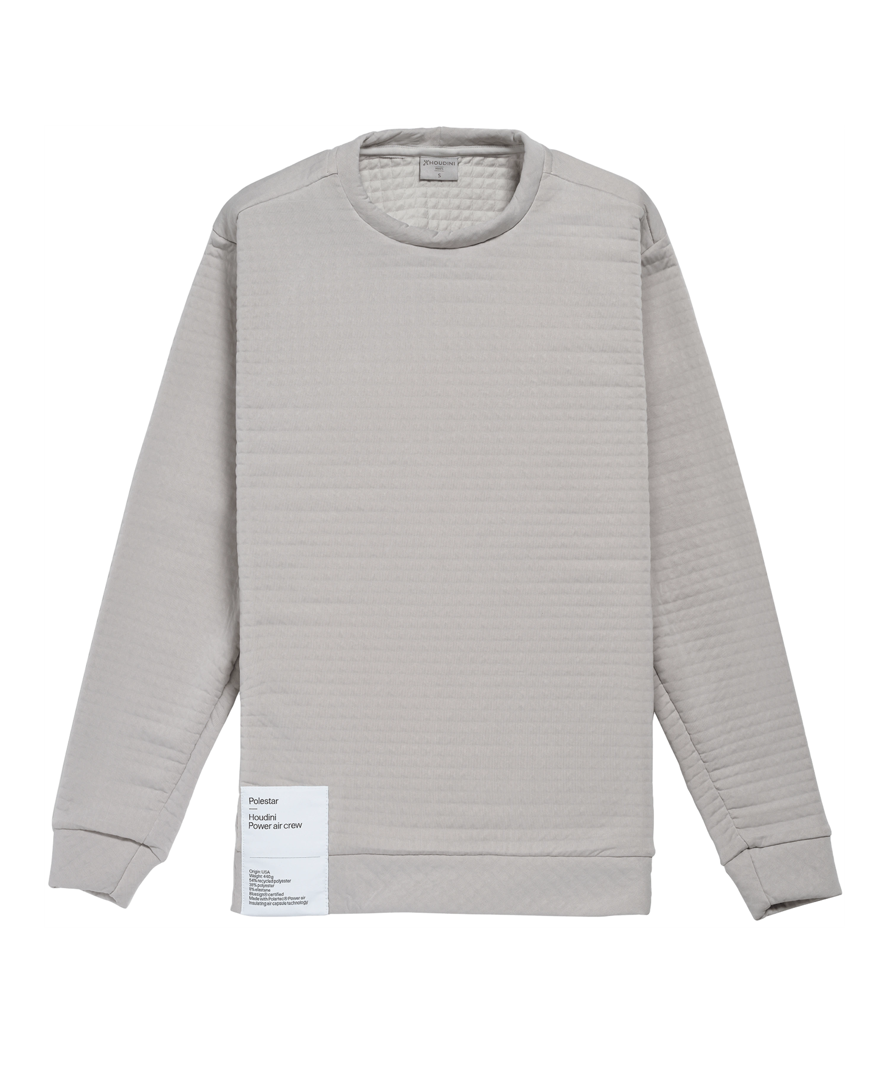 Grijze sweater, vervaardigd van een stofconstructie die lucht vasthoudt