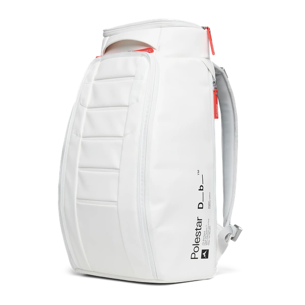 White backpack with orange details, padded straps and Polestar × Db branding on the side.