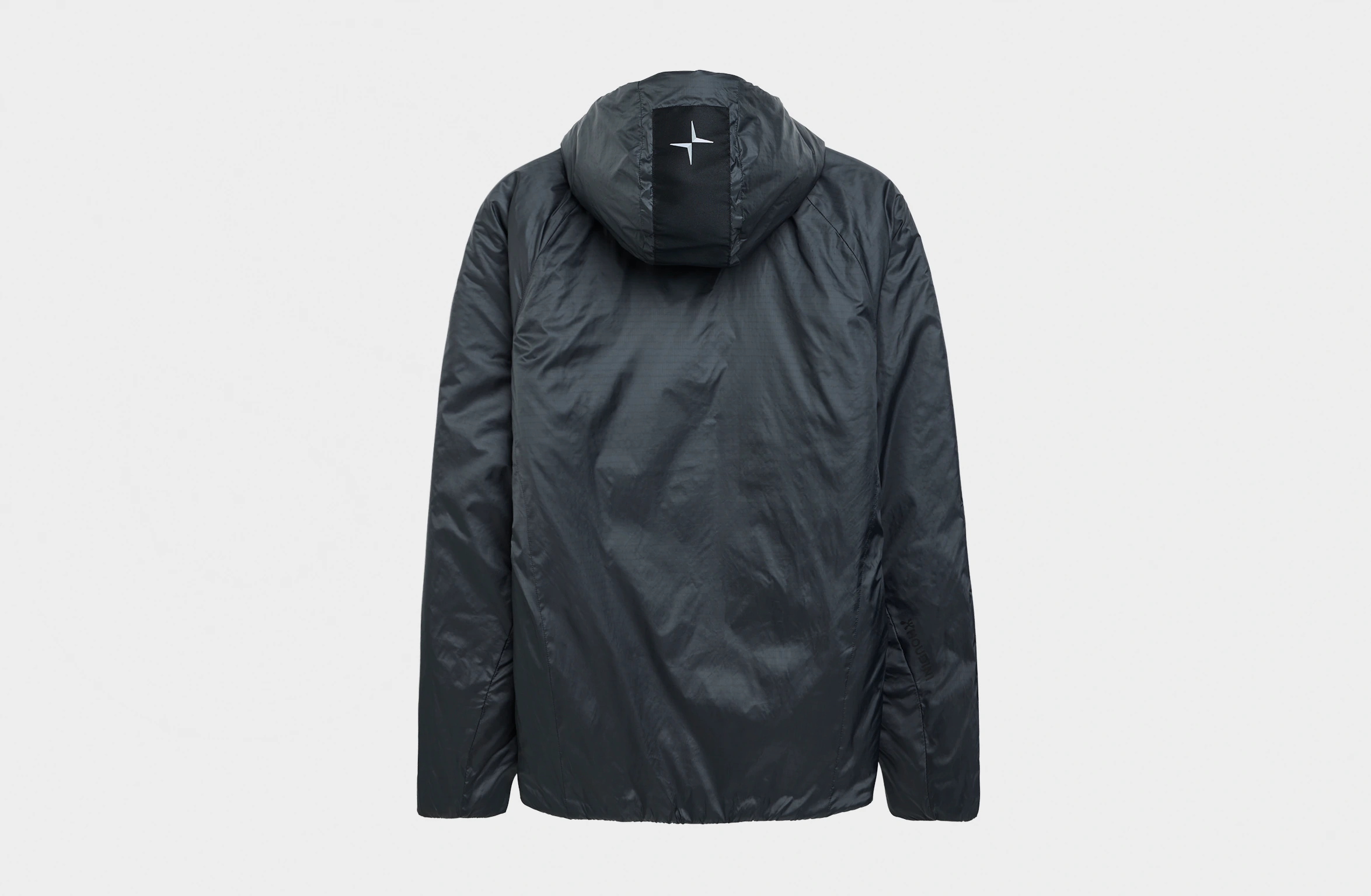 Black lightweight jacket with hood, full zipper, and discreet Polestar wordmark