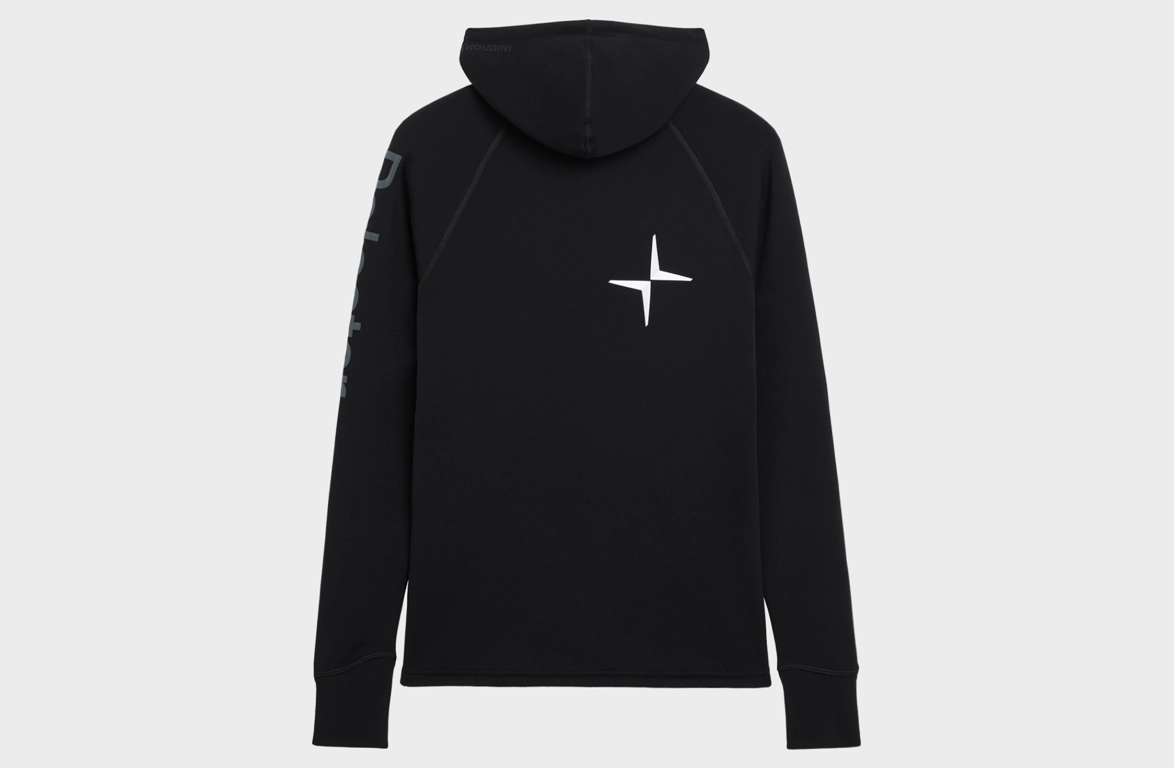 Zwarte hoodie met doorlopende ritssluiting, voorzien van Polestar-woordmerk op de linkermouw en Polestar-logo links op de achterkant