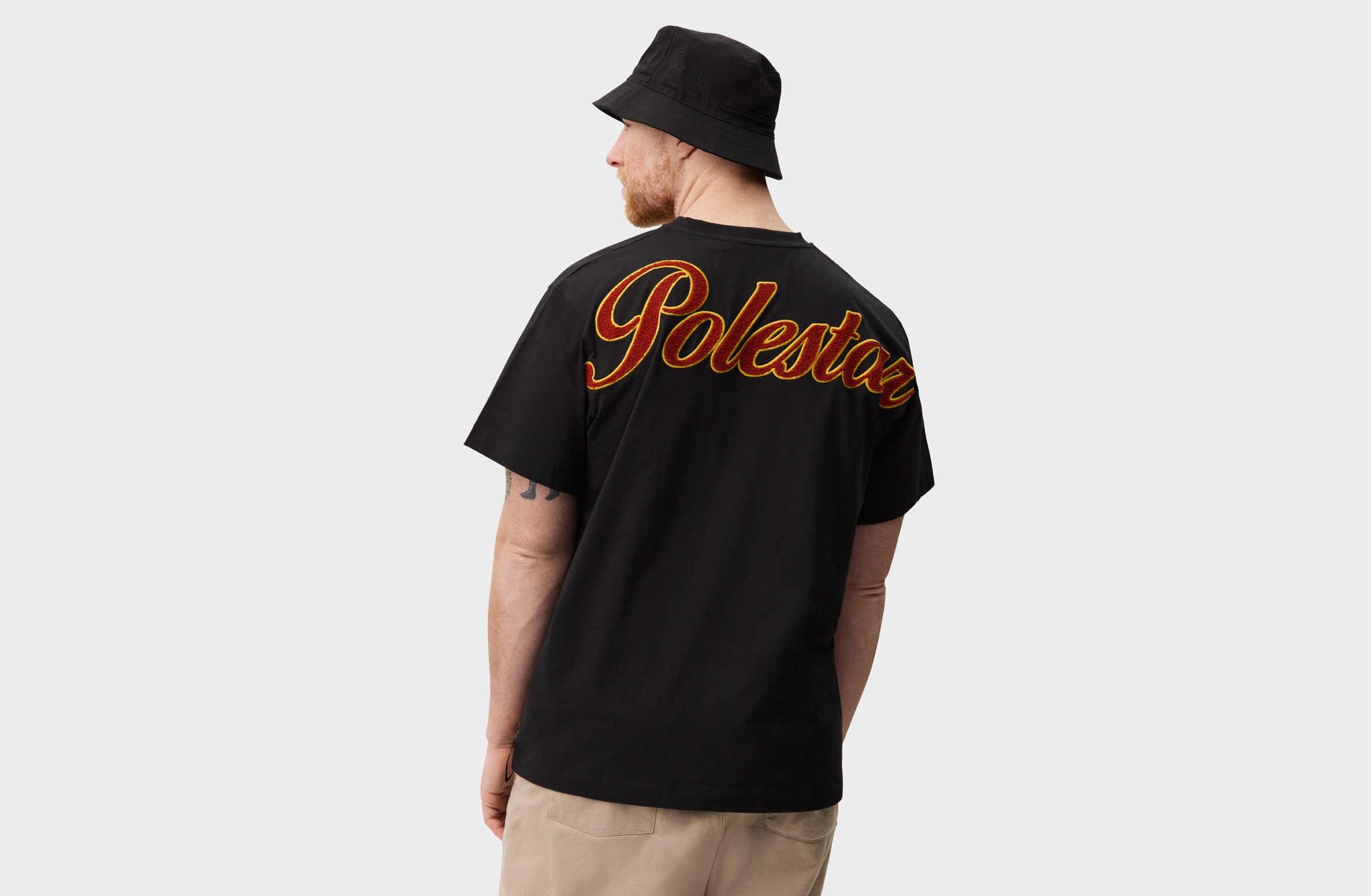 Black bucket hat with tone-on tone Polestar wordmark on the side