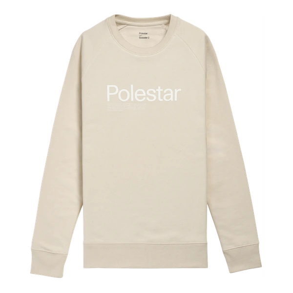 Beige sweater met groot wit Polestar-woordmerk op de borst