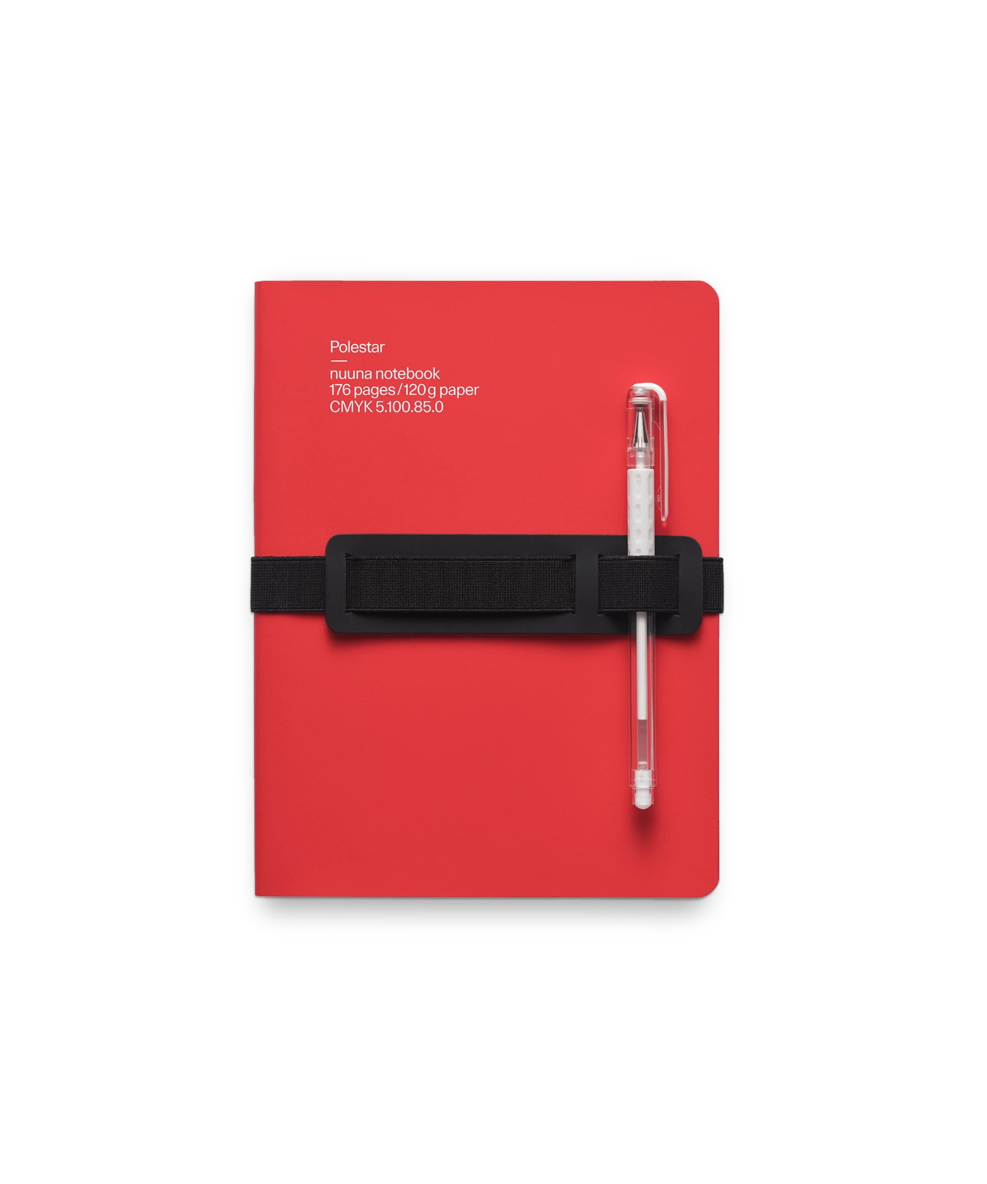 Red notbook in leather, elastic strap and integrated pen and phone holder, and a rounded spine.