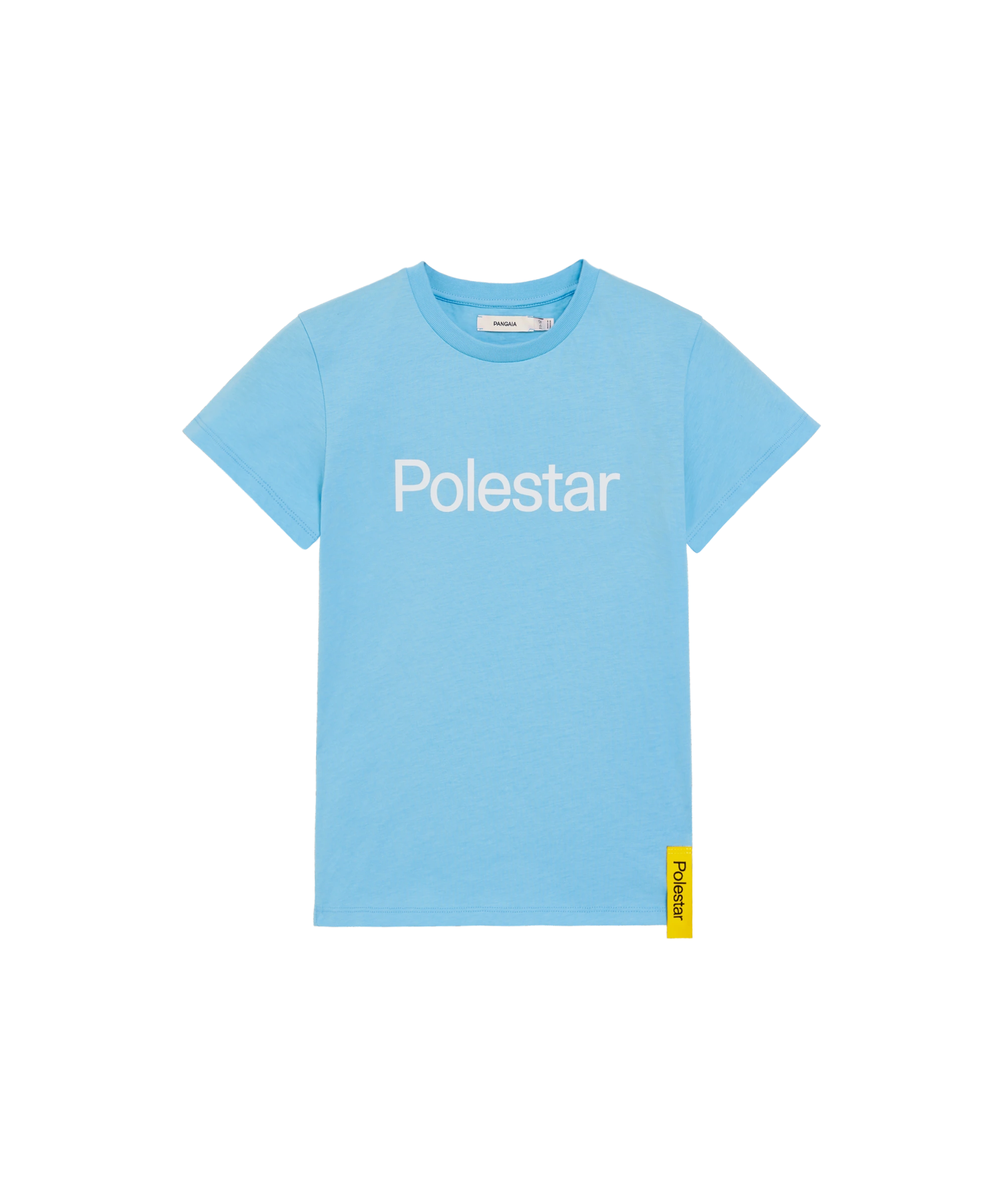 Blauw T-shirt voor kinderen met wit Polestar-woordmerk op de voorkant en geel label aan de zijkant