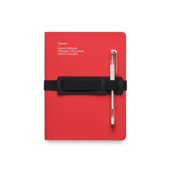 Rotes Notizbuch aus Leder mit rundem Rücken, Gummiband und integrierter Stift- und Handyhalterung