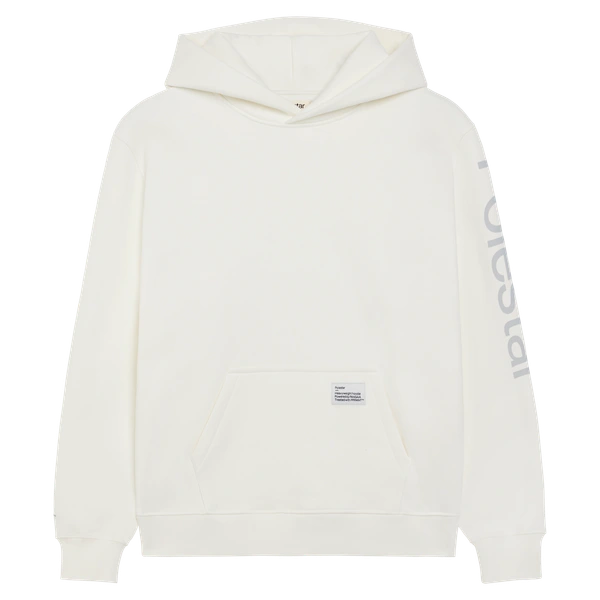 White hoodie with big Polestar wordmark on left sleeve
