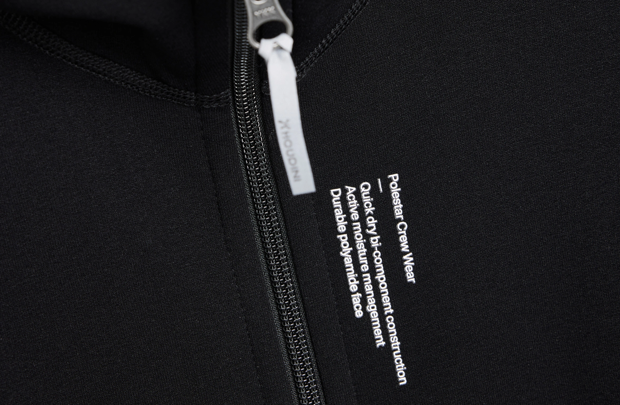 Black full-sipe hoodie with Polestar wordmark on the left sleeve and Polestar symobl on right back