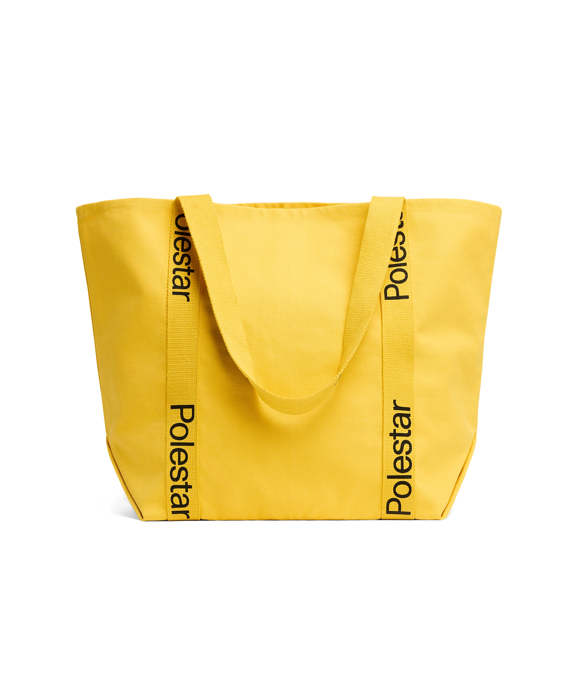 Yellow tote bag with handles adorned with a black Polestar wordmark