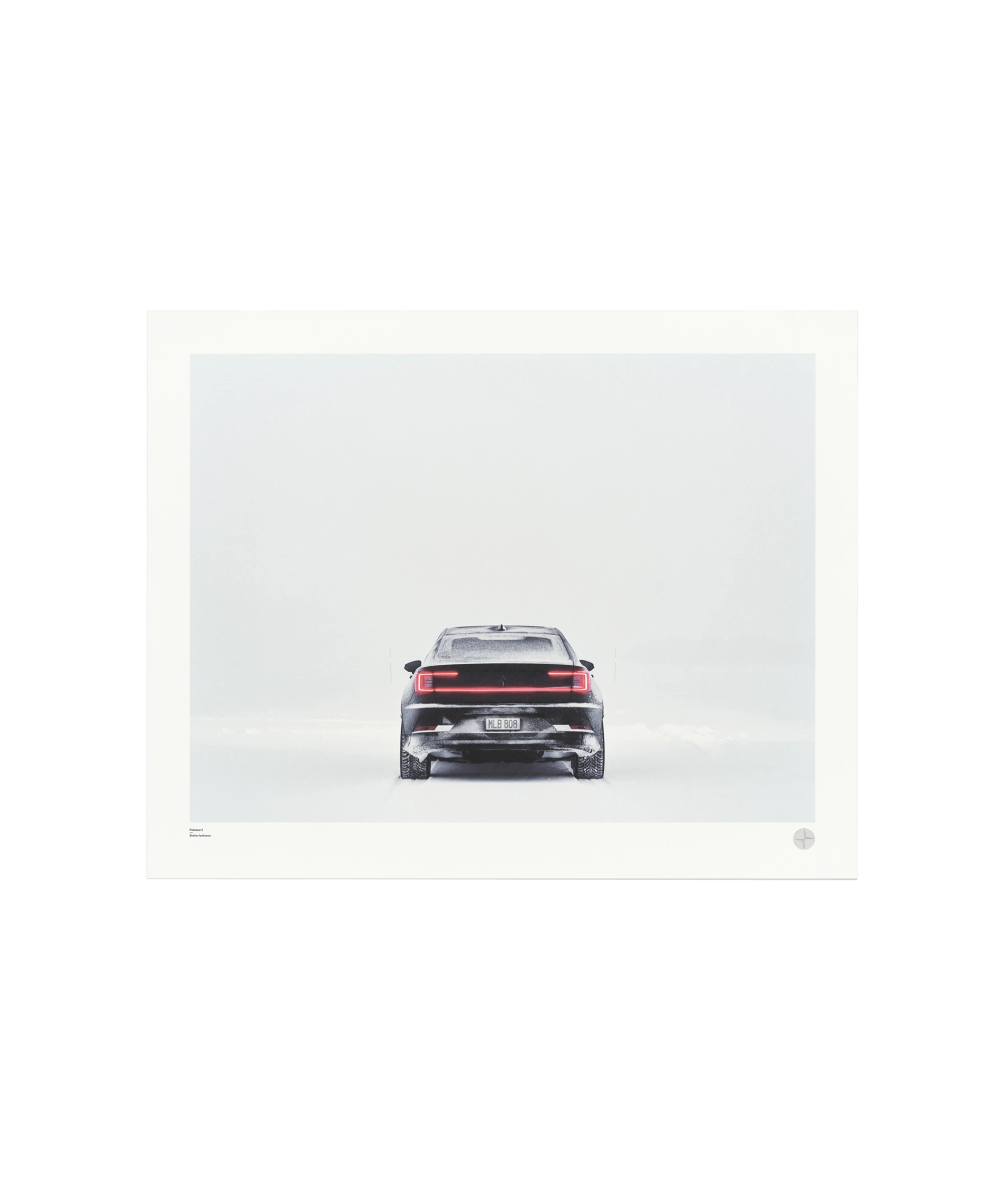 Art print with the view of a Polestar car driving through a snowy landscape