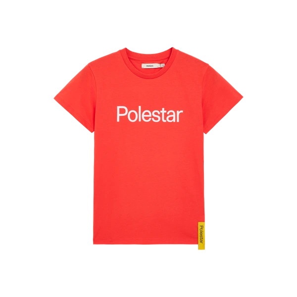 Red t-shirt for kids with white Polestar wordmark on the front and yellow side tag
