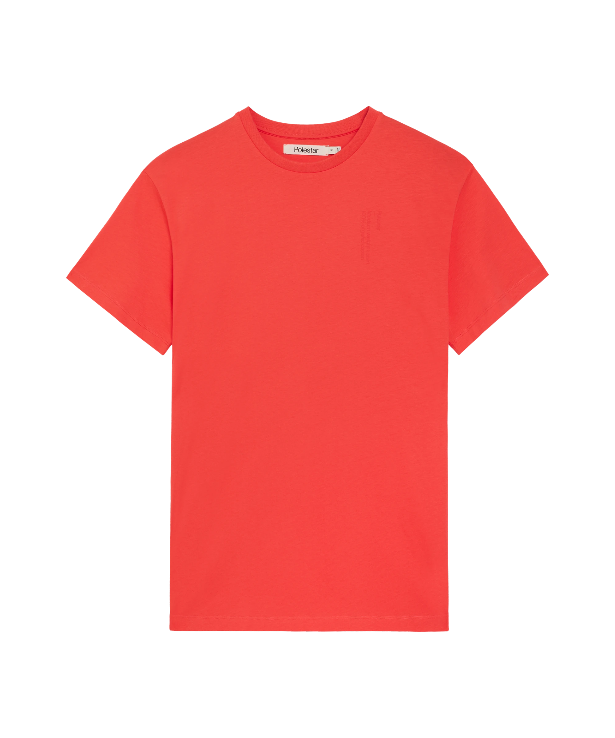 Red t-shirt with tone-on-tone Polestar wordmark on the left chest and small white Polestar symbol on the back