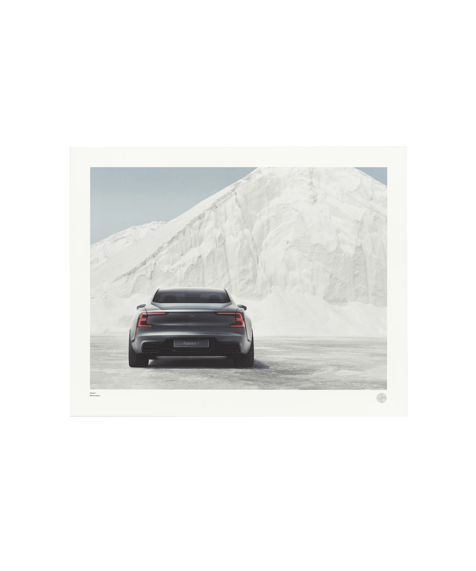 Art print of a Polestar vehicle captured from the rear in a snowy mountain landscape.