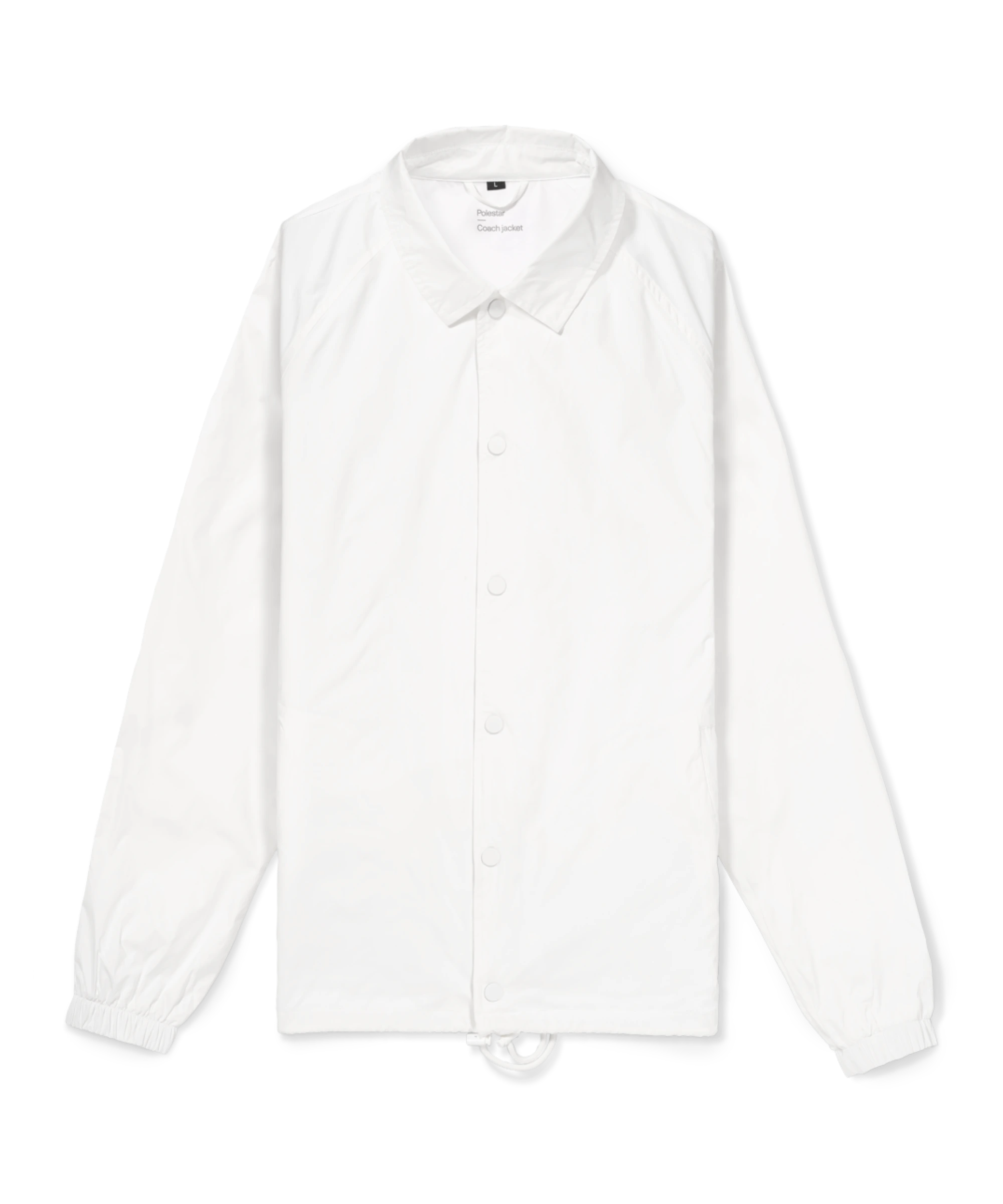 White jacket with elasitc cuffs, buttons and a drawstring waist.