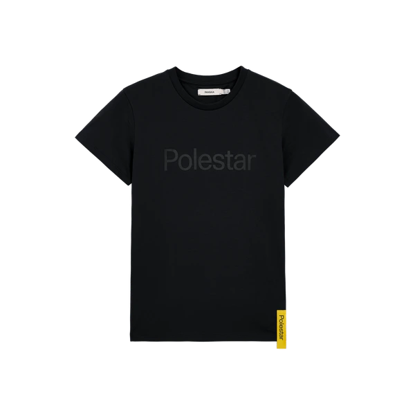 Black t-shirt for kids with tone-on-tone Polestar wordmark on the front and yellow side tag