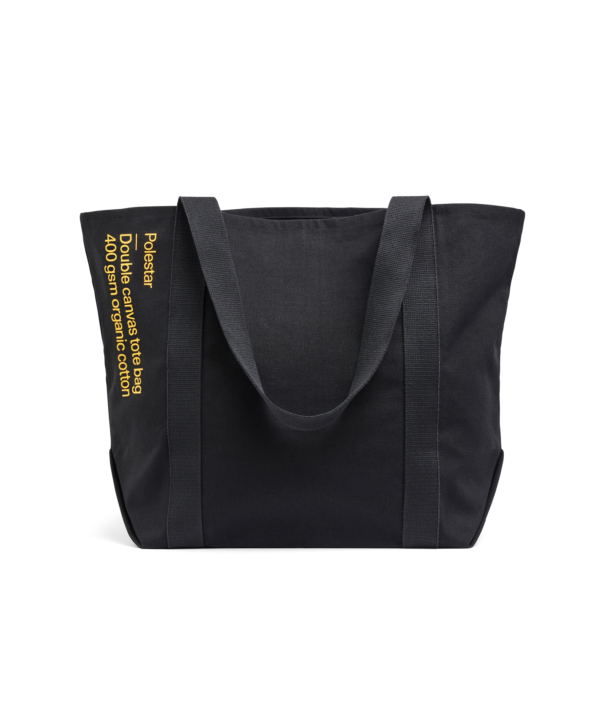 Black tote bag with a small yellow Polestar wordmark