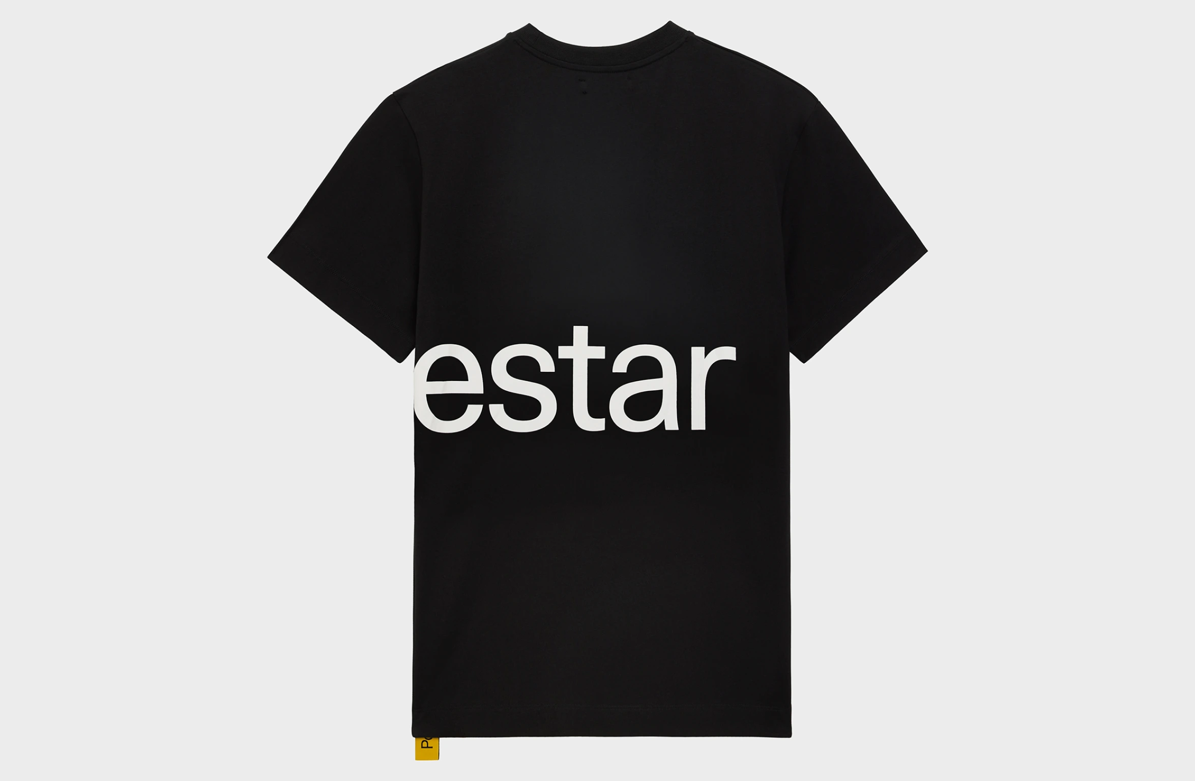 Black t-shirt with a Polestar wordmark stretching from the front to the back