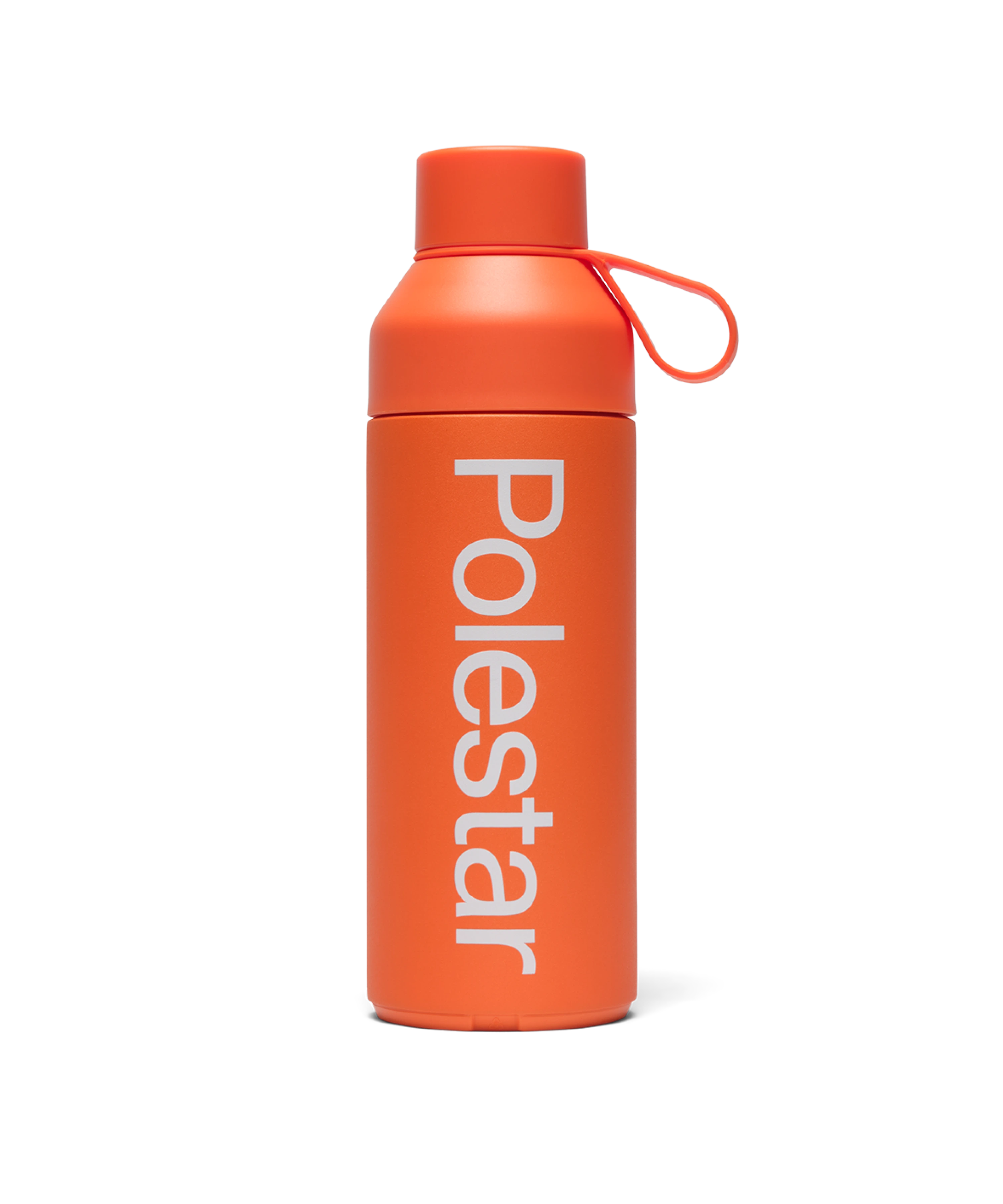 Orange water bottle with white Polestar wordmark