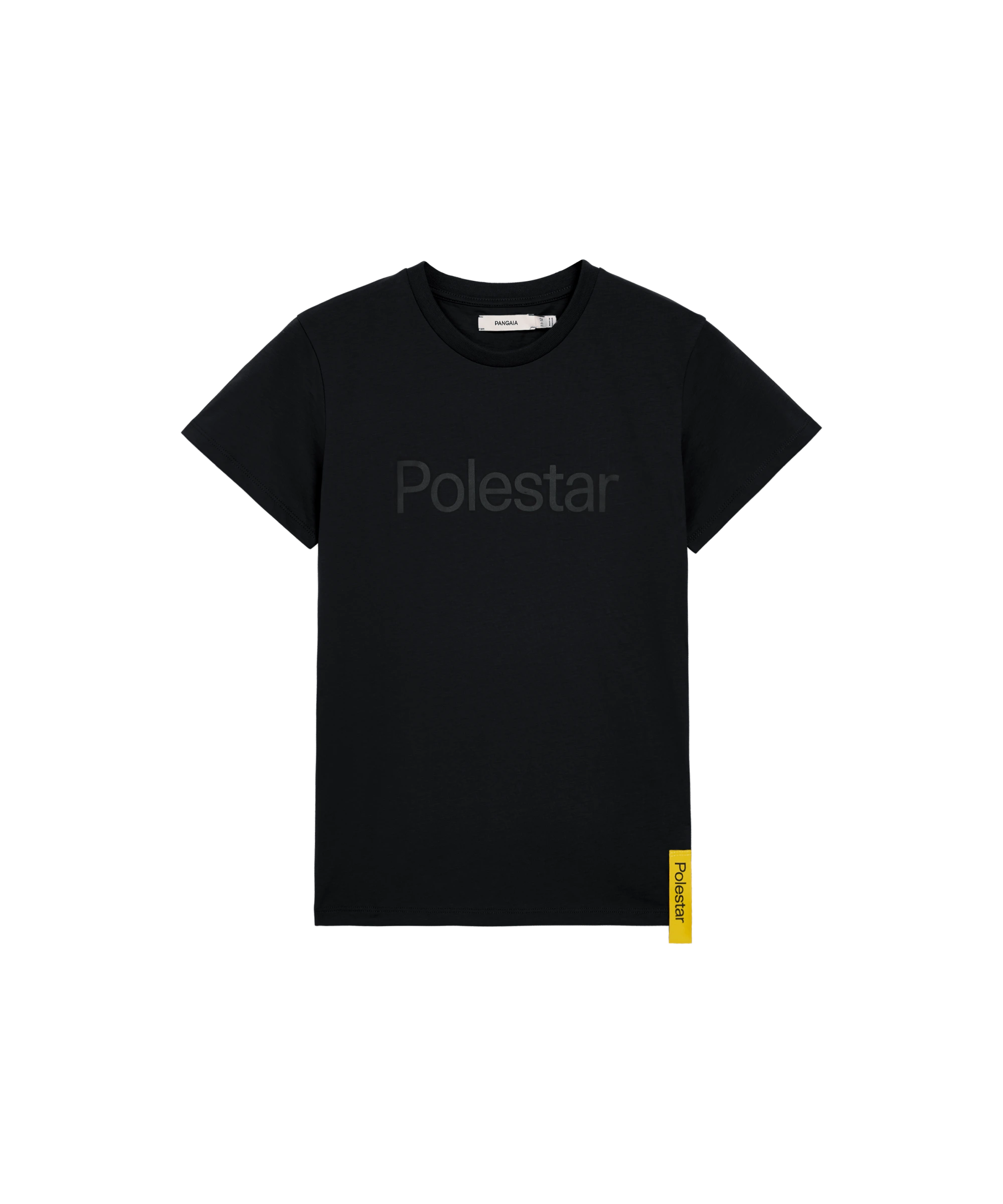 Sort T-shirt til børn med tone-i-tone Polestar-ordmærke på forsiden og gult sidemærke