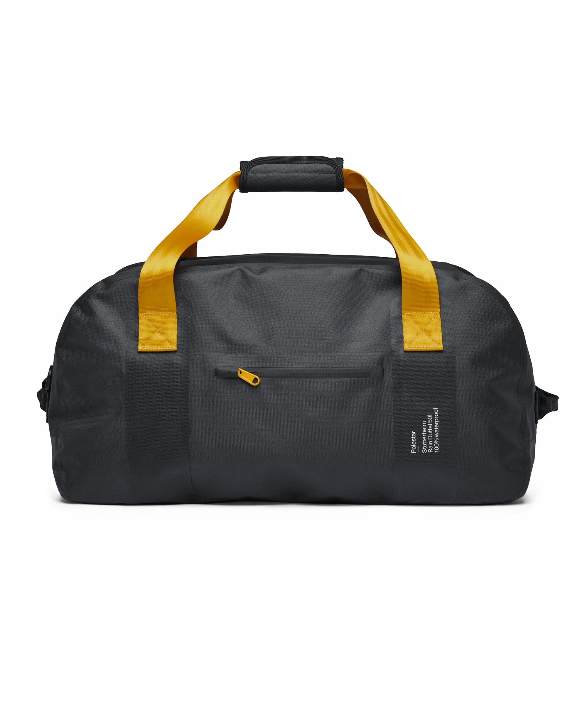 Black waterproff 50L dubbel bag with golden seatbelt straps.