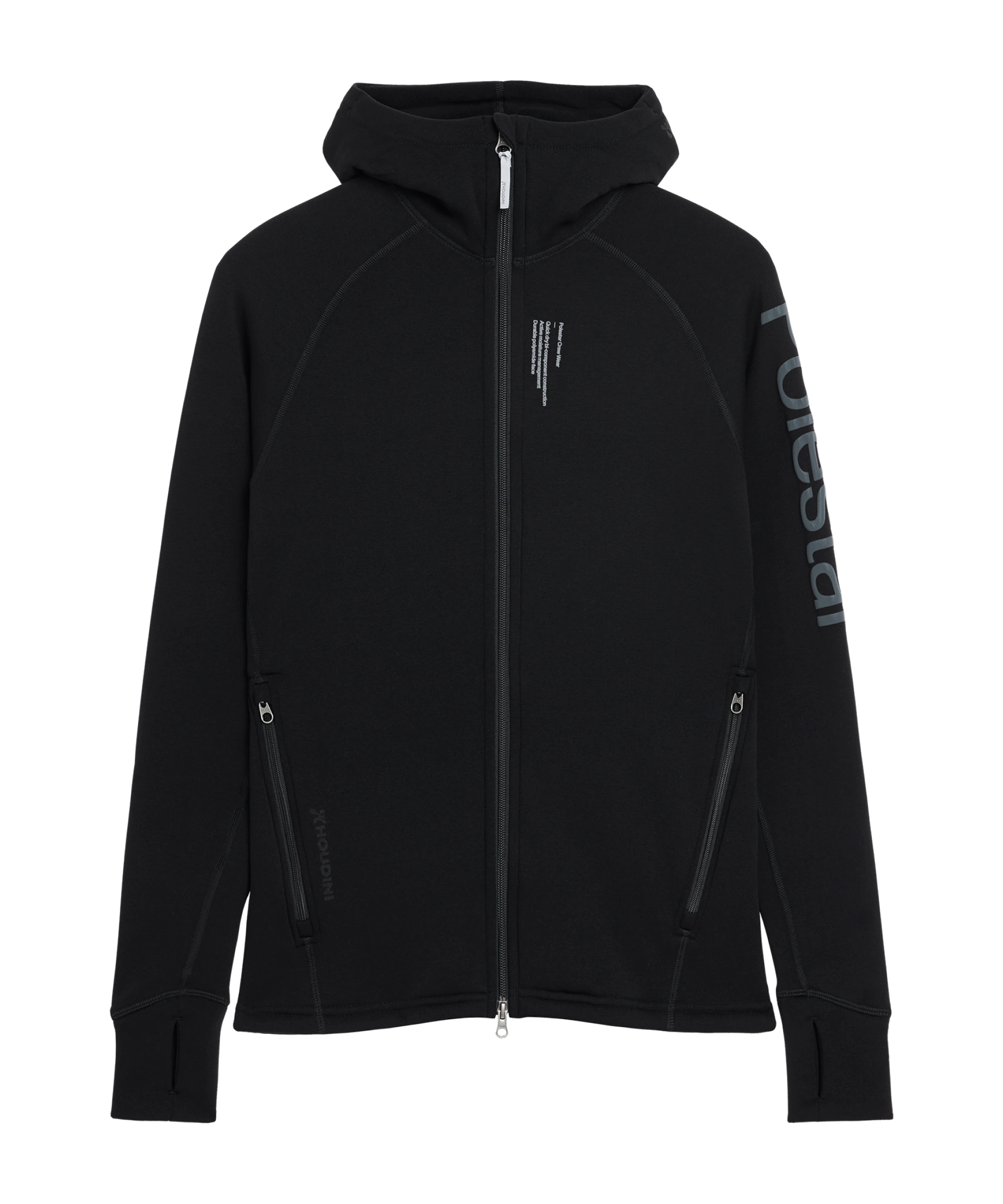 Zwarte hoodie met doorlopende ritssluiting, voorzien van Polestar-woordmerk op de linkermouw en Polestar-logo links op de achterkant