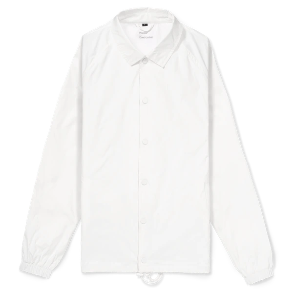 White jacket with elasitc cuffs, buttons and a drawstring waist.