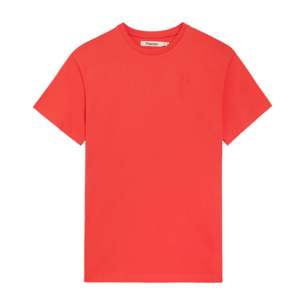 Red t-shirt with tone-on-tone Polestar wordmark on the left chest and small white Polestar symbol on the back