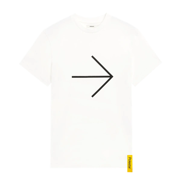 Weißes T-Shirt mit großem schwarzen Pfeil auf der Frontpartie