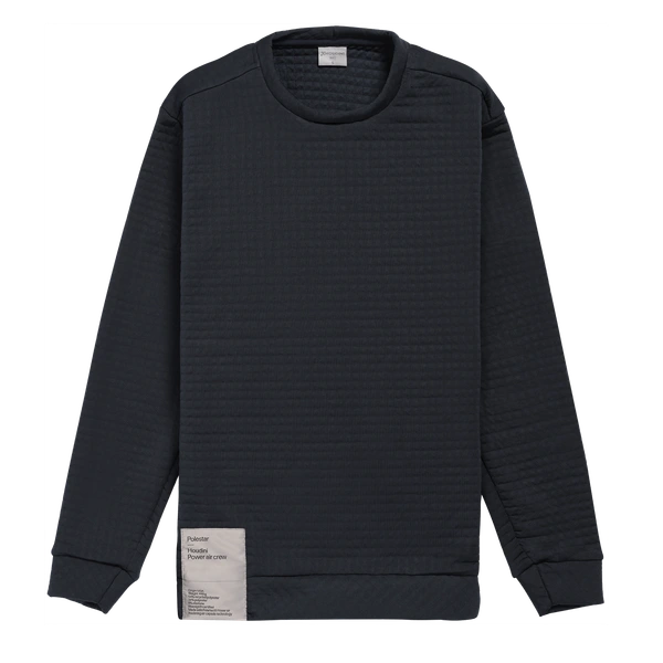 Stormblauwe sweater, vervaardigd van een stofconstructie die lucht vasthoudt