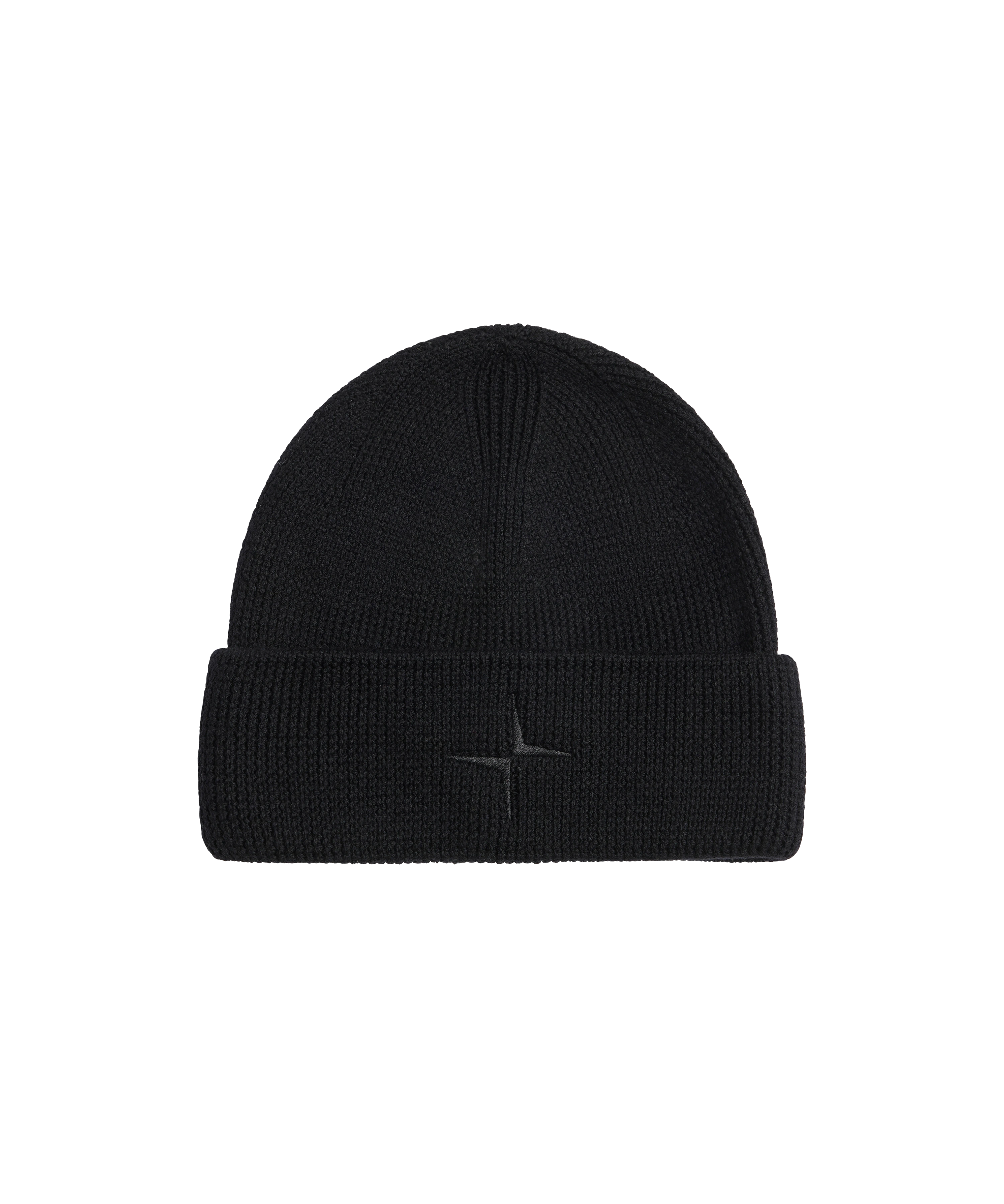 Black ribbed wool beanie with black embroidered Polestar symbol on the front
